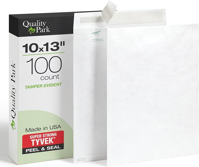 Quality Park Tyvek Envelopes,Large 10x13 Mailers,Easy-to-Open Tamper Evident Pull Strip,Rip,Puncture&Water Resistant Self Sealing Mailing Envelopes for Lightweight Shipping,White,100 Count (Pack of 5)