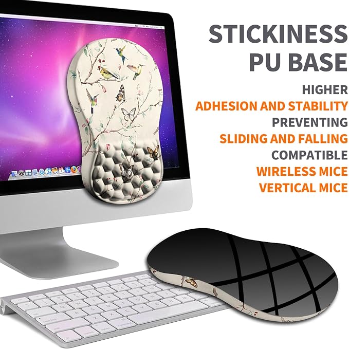 Ergonomic Joint Wrist Support Mouse Pad with Memory Foam Cushion Massage Bump, Carpal Tunnel Pain Relief Mousepad Slope Design for Wrist Rest, 11.8x7.9 in, Butterfly Hummingbird