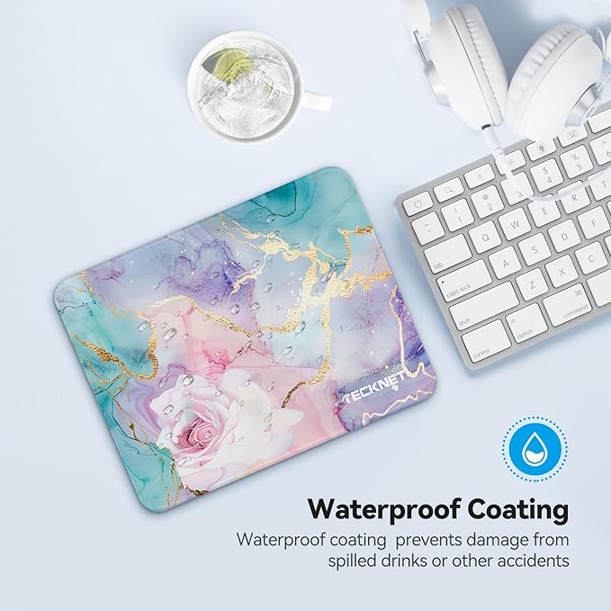 TECKNET Mouse Pad with Anti-fray Stitching, Waterproof Surface & Non-Slip Rubber Base with Stitched Edges Gaming Mouse Mat for Laptop，Compatible with Laser and Optical Mice - Rose Marble