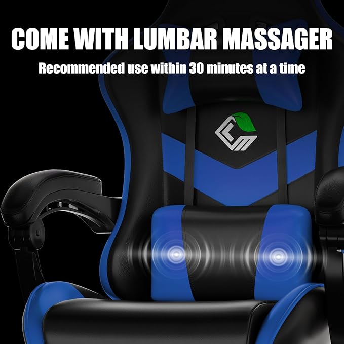 Gaming Chair, Ergonomic Office Computer Chair with Footrest and Lumbar Support Massager Racing Style High Back Video Gamer Chair, Wide＆Thick Cushion, 90°-135° Recline, Adjustable Height, Blue