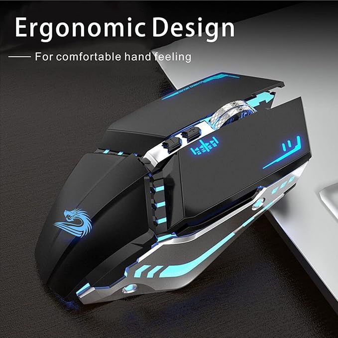TENMOS T12 Wireless Gaming Mouse Rechargeable, 2.4G Silent Optical Wireless Computer Mice with Changeable LED Light for Laptop PC, 7 Buttons (Black)