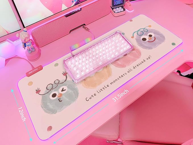 JMIYAV Pink RGB Gaming Mouse Pad 31.5x12 Inch Cute Mousepad PC XL Large Extended Glowing Led Light Up Desk Pad Non-Slip Rubber Base Computer Mat Desk Accessories Gaming Setup Party Puffs