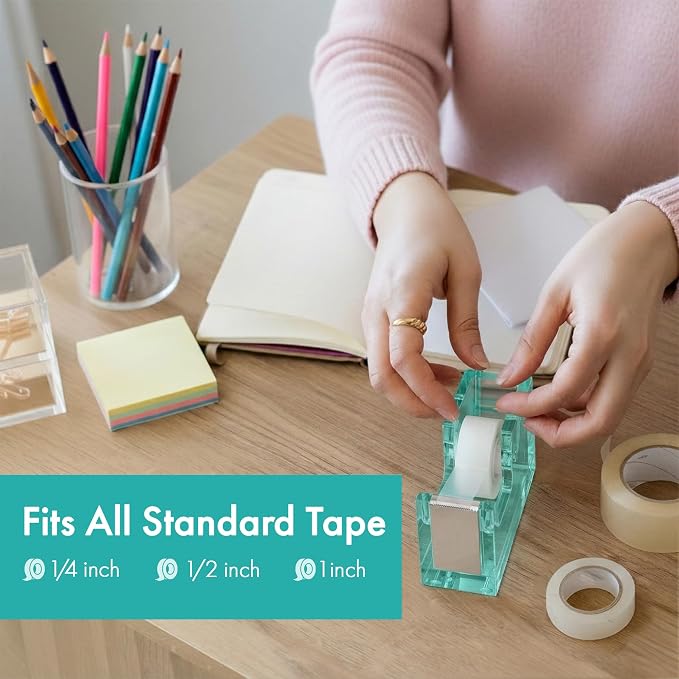 OfficeGoods Acrylic Tape Dispenser, Aesthetic and Compact Design, Green | Modern desk accessory for office, Heavy duty refillable tape holder for crafting, Stylish desktop accessory for gift wrapping