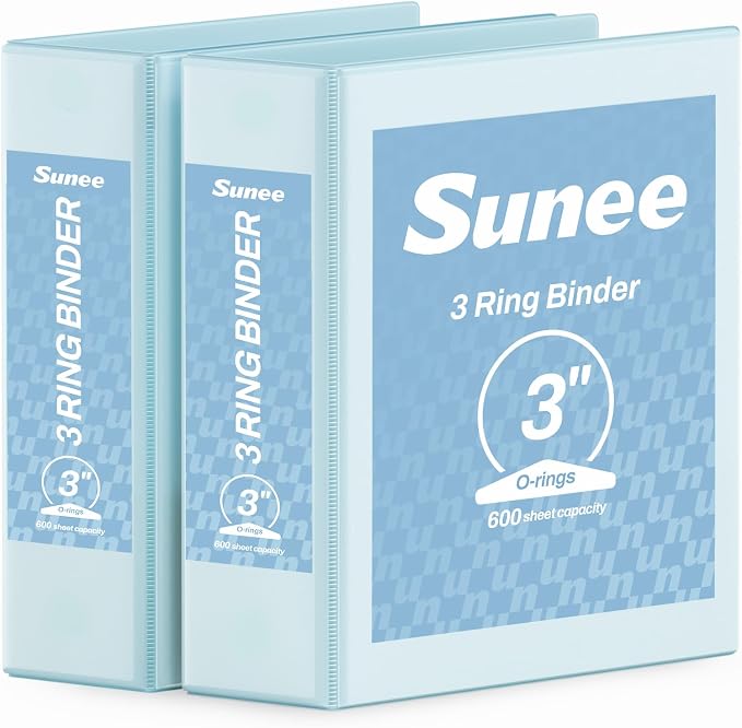 SUNEE 3 Ring Binder 3 Inch 2 Pack, Clear View Binder Three Ring PVC-Free (Fit 8.5x11 Inches) for School or Office Supplies, Blue