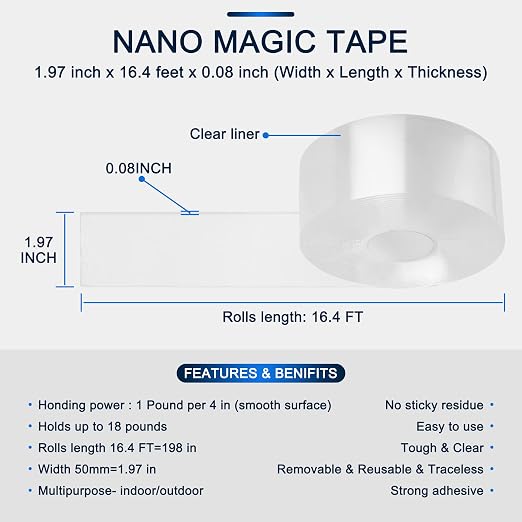SANKEMU Double-Sided Tape Heavy Duty 16.5 FT x 1.18 in – Clear Removable Mounting Tape for Walls, Carpet, Rugs, Posters – Reusable, No-Residue, Indoor/Outdoor Nano Gel Grip (Pack of 2)