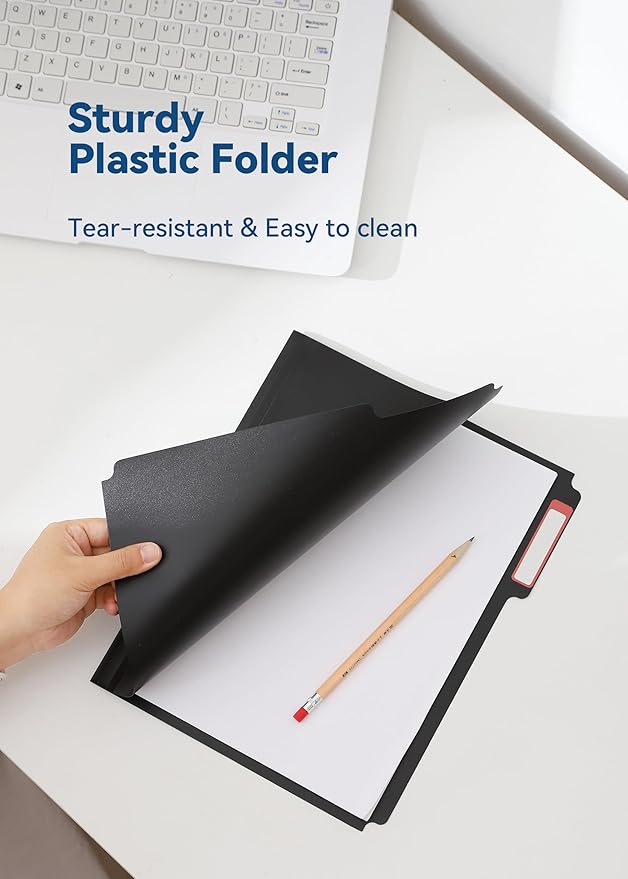 Plastic Manila Folders 8.5 x 11, 12 Pack, Poly Black File Folders, 1/3-Cut Tabs with Colorful Labels, Letter Size
