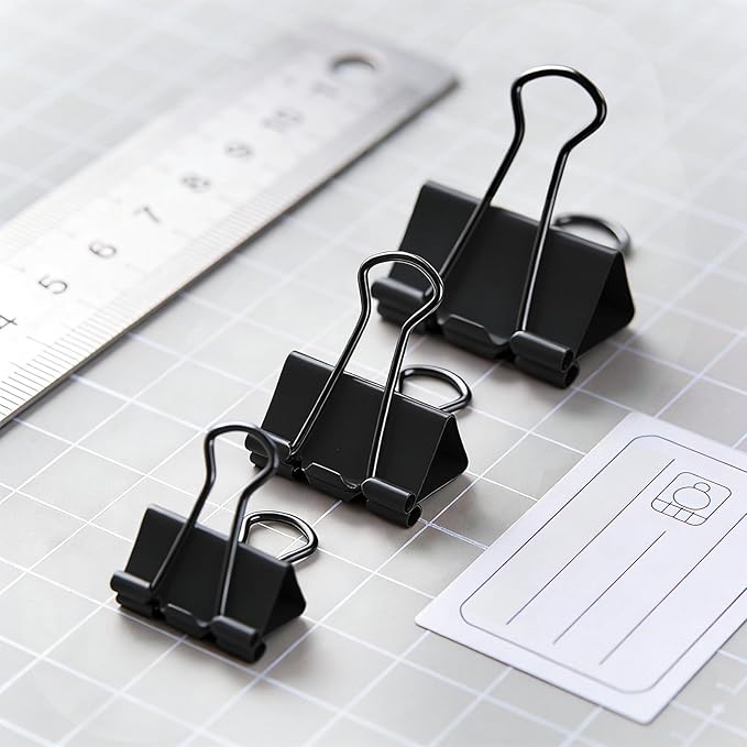 Binder Clips Assorted Sizes, Durable Metal Binder Clips for Office, Cute Desk Supplies for Teachers Student (60, Black)