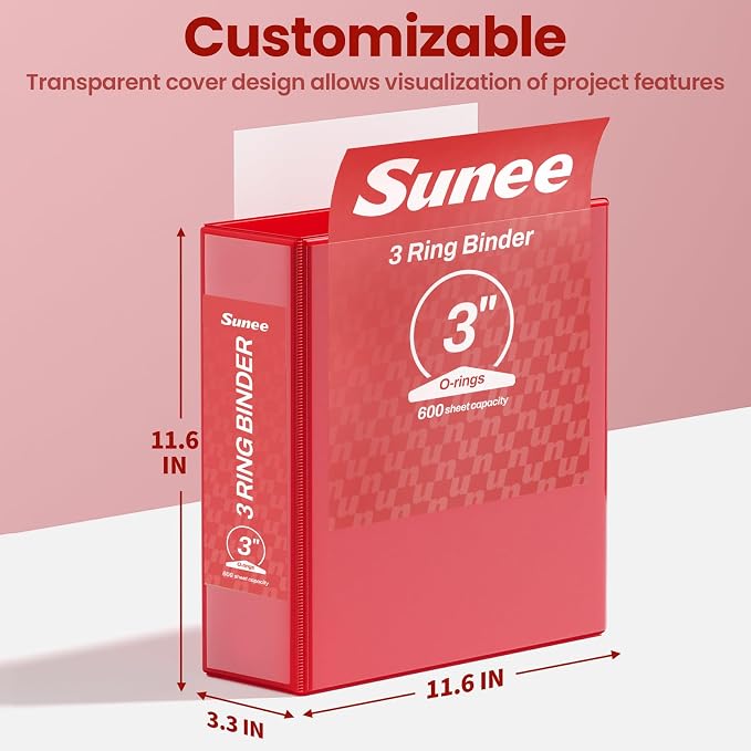 SUNEE 3 Inch Binders 3 Ring 6 Pack, Large 3" Clear View Three Ring Binder PVC-Free (Fit 8.5x11 Inches) for School or Office Supplies, Classic Assortment