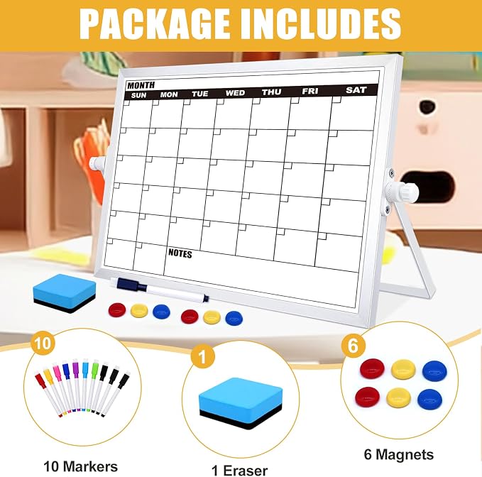 Calendar Whiteboard, Monthly Dry Erase Board, Small Desk White Board | 16x12 IN Desktop Double-sided Dry Erase Calendar Board with Stand for Office, Home, School, Magnetic Monthly Planner Board