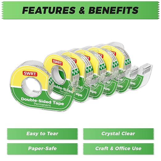 SWRT Double-Sided Tape, 1/2 in x 300 in, 24 Pack with Dispensers | Mess-Free, Invisible Bond, Easy Cutting, Strong Hold for Crafts, Gift Wrapping, Scrapbooks, School & Office Projects