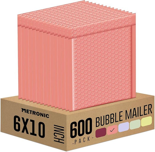 Metronic Bubble Mailers 6x10" 600 Pack Pale Pink Self-Seal Padded Envelopes Usable Size 6x9" Waterproof Bubble Envelopes Bulk for Small Business Padded Mailers for Mailing Jewelry #0