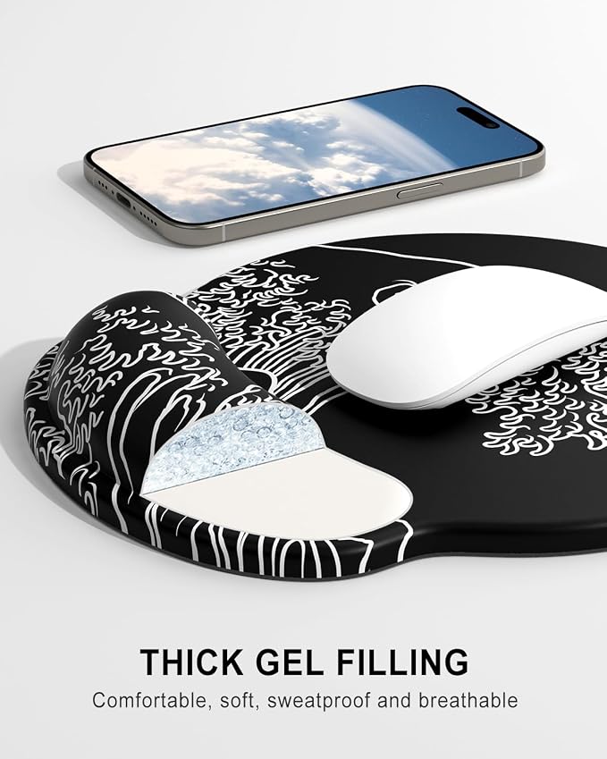 Auhoahsil Ergonomic Mouse Pad with Wrist Rest, Comfortable Silicone Non-Slip Computer Pain Relief Gel Mouse Mat with Wrist Support for Gaming, Work, Office, Women & Men, Cute Pattern, Japanese Wave