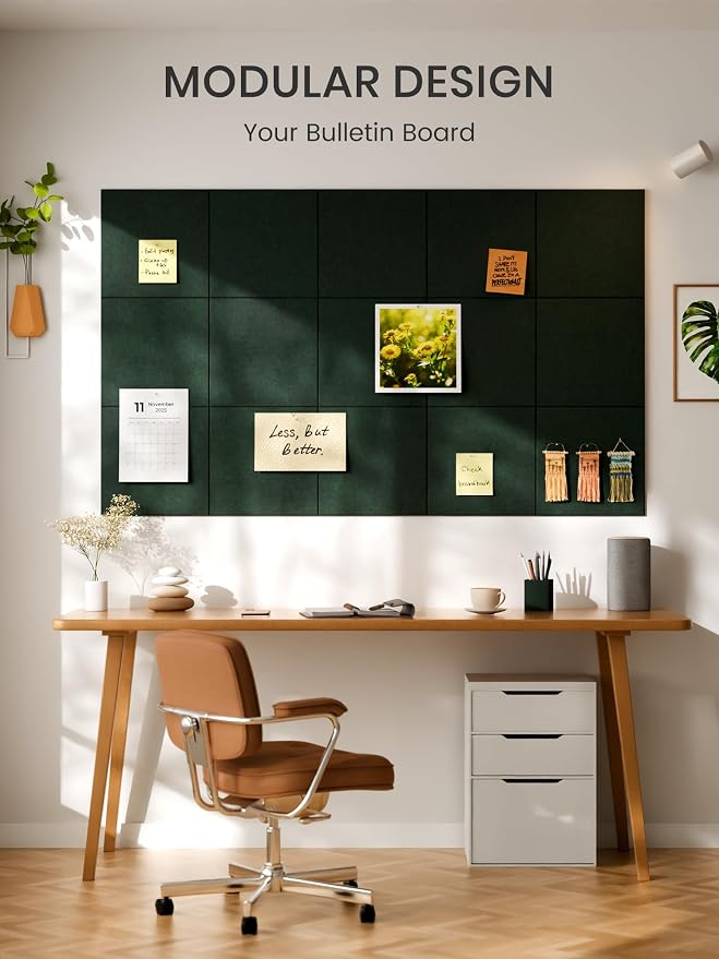 Bumusty 48" x 36" Large Cork Board Alternative, Pine Green | 12-Pack Felt Bulletin Board Tiles, 60 Adhesive Tabs, 30 Pushpins, Home, Office, Classroom, Vision Board