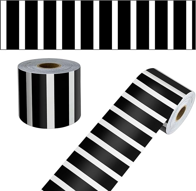 Carson Dellosa Education 65Ft of Black and White Stripes Bulletin Board Borders, 1 Roll of Trim for Rolling Whiteboard, Posterboard, Party, Office Decorations, and Classroom Decor