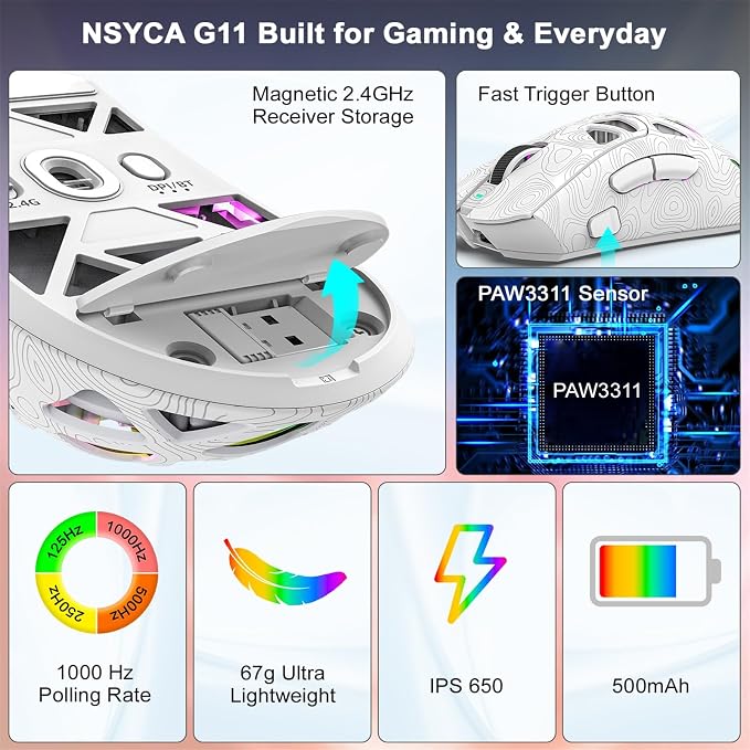 G11 RGB Wireless Gaming Mouse for Gaming Setup & Multi-Device Use, Tri-Mode Bluetooth 5.1/2.4GHz/USB-C, 22000 DPI Lightweight Programmable Mouse for PC, Laptop & Mac