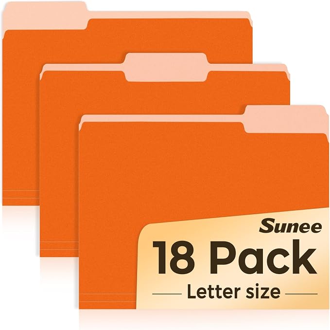 SUNEE File Folders, 18 Pack Manilla Folders 8.5 x 11, 1/3 Cut Tab for Easy Labeling and Organization, Durable Standard Paper for Home, Office, School Filing, Orange