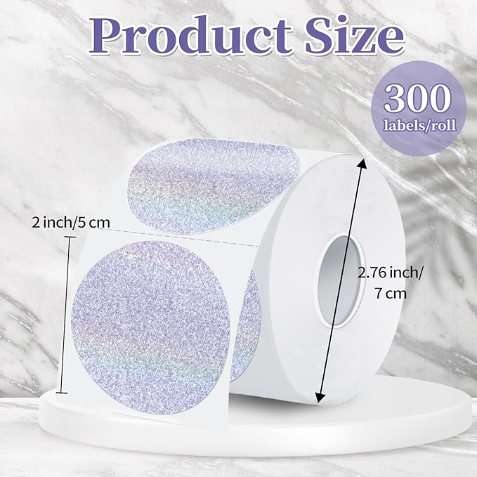 2 Inch Holographic Thermal Labels,Purple Round Thermal Printer Labels,Printable Round Thermal Printer Labels Self-Adhesive Direct Thermal Label(300 Labels/Roll Purple)