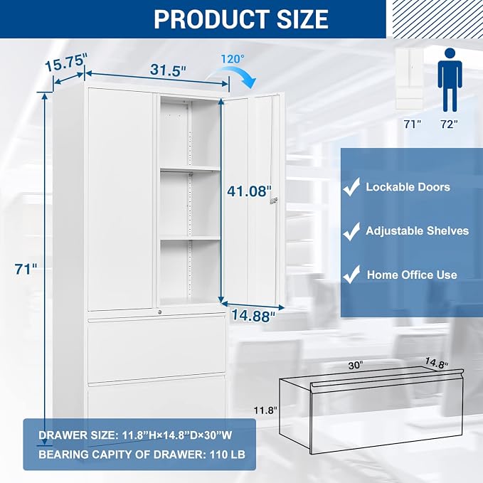 Fesbos Metal Steel Storage Cabinets with Lockable Drawers and Doors Lateral File Cabinets Steel Metal Filing Lockers for Home Office Hanging Files Letter/Legal/F4/A4 Size