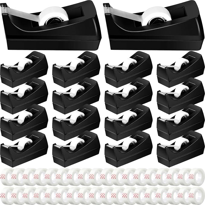 Yahenda 18 Pack Tape Dispenser, 20 Refills Weighted Non Skid,Black | 0.7x985 Inch Invisible Tape Refills Included, Weighted Non-slip Base for Office Home School Desktop, Value Set for Wrapping