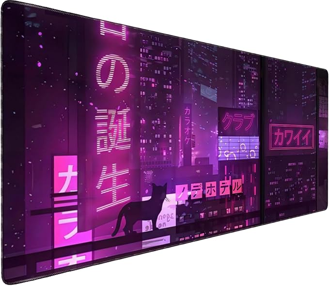 Large Extended Mouse Pad with Stitched Edges 35.4"x15.7" - Waterproof Desk Mat, Non-Slip Rubber Base for All-Desk Coverage, Perfect for Gaming Office Home, Cybercat