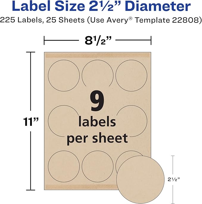 Avery Kraft Brown Round Labels with Sure Feed Technology, 2.5" Diameter, Print to the Edge, Laser/Inkjet Printable Labels, 225 Total (22808)