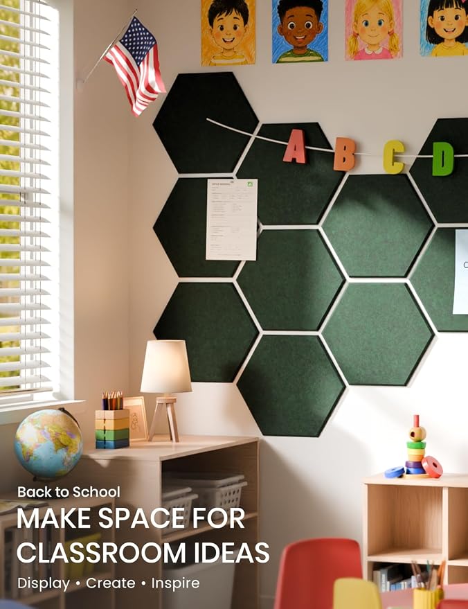 Fluxynara 8-Pack Hexagon Felt Bulletin Board Tiles, Pine Green-1 | Cork Board Alternative with 50 Adhesive Tabs for Notes, Photos and Reminders in Home Offices, Dorm and Classrooms