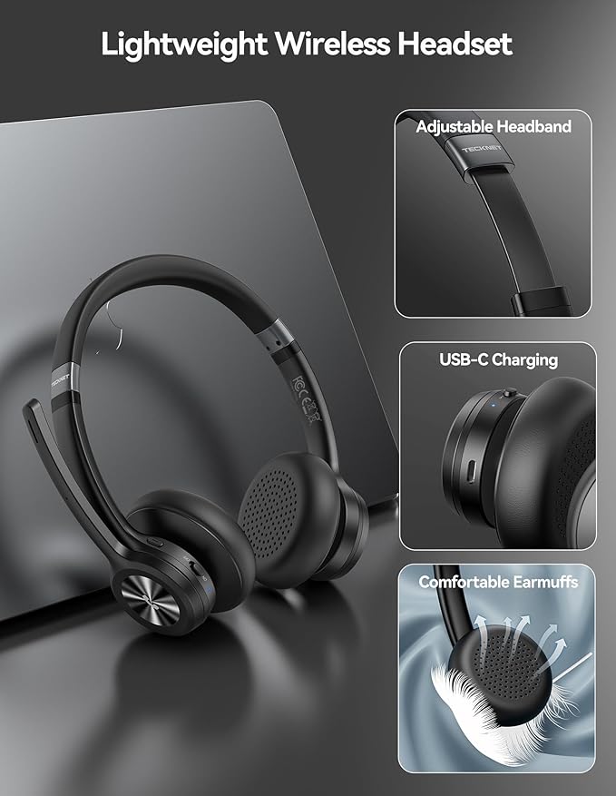 TECKNET Wireless Headset with USB Dongle, Bluetooth Headset with Noise Cancelling Mic - Rechargeable Bluetooth V5.2, 50H Playtime & Mic Mute, On Ear Headphones for Trucker/Remote Work/Call Center