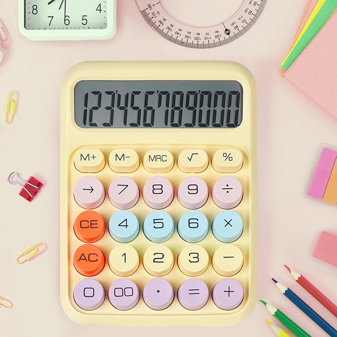 Mechanical Switch Calculator with Big Buttons, Calculators Desktop, 12 Digits, Large LCD Display, Desk Calculator, Cute Pink Calculators for Teachers Students Basic Office (Yellow)