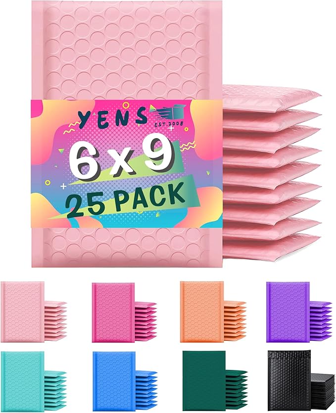 Yens Poly Bubble Mailers 6x10 25 Pack Light Pink Waterproof Self Seal Adhesive Shipping Bags, Cushioning Padded Envelopes for Shipping, Mailing, Packaging Usable 6x9