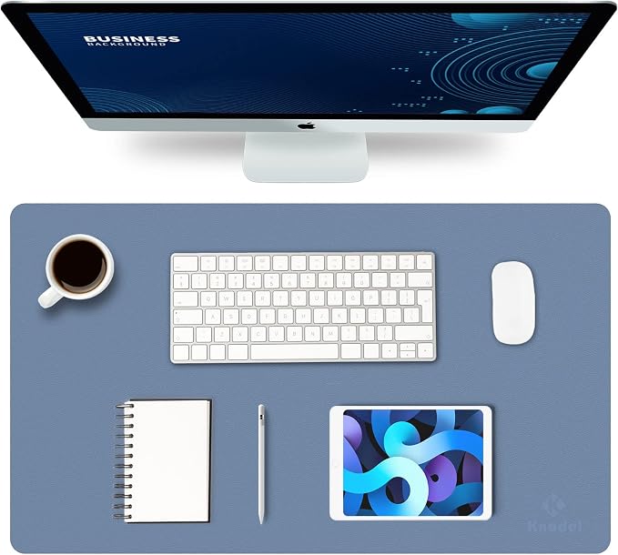 K KNODEL Small Office Desk Mat, Leather Mouse Pad (23.6"x13.8", Lake Blue) | Desk Pad, Keyboard Pad, Computer and Laptop Mat, Desktop Protector and Cover, Writing Pad and Blotter for Home Office