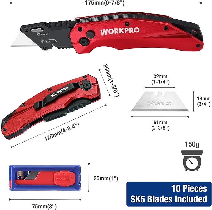 WORKPRO Folding Utility Knife, Heavy Duty Metal, Quick Open Botton Lock Box Cutter, Quick Change Blade Razor Knife, 1PC with 10 Extra SK5 Blades