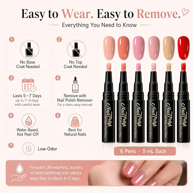 Nail Polish Pens 6 Colors, Quick Dry Water Based Nail Polish Set | Nail Polish Pens Quick Dry No UV Light Needed, Fast 60s Drying for Travel Office & Date, Basic Tones, 6 Pc