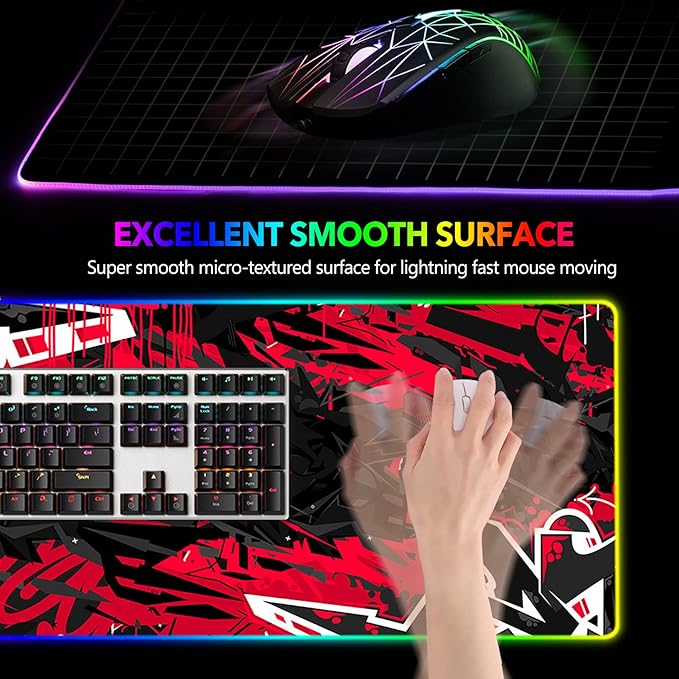 AIMSA Large RGB Gaming Mouse Pad, Keyboard Mousepad Led Extended 35.4 x 15.8 inch Non-Slip Rubber Base with 14 Lighting Modes, Big Desk Mat Waterproof, Red Black
