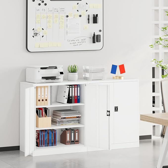 Small Metal Cabinet with Shelves,36 inch Garage Storage Cabinet with Lock,White Metal Storage Cabinets with Locking Doors,Lockable Office File Cabinets for Home,Office,Shop,Garage