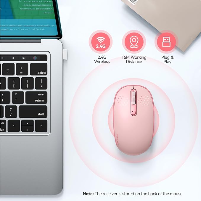 TECKNET Compact Ambidextrous Wireless Mouse for Laptop Pink | 2.4G Quiet Computer Mouse with USB Receiver, 3 Adjustable DPI Portable Cordless Mice for Chromebook, Laptop, PC, Mac