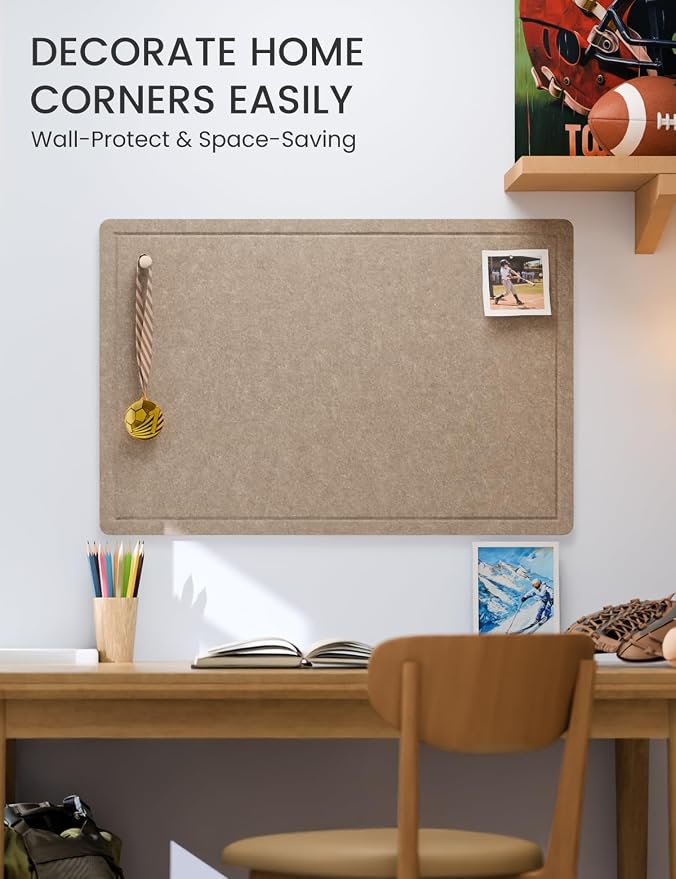 Fluxynara 35.4" x 23.6" Bulletin Board, Taupe | Cork Board Alternative with 12 Removable Adhesive Tabs, Foldable Felt Pin Board for Home, Office, Classroom & Dorm