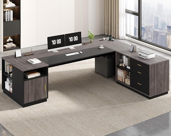 78.7" L Shaped Executive Desk with Lateral File Cabinet, Extra Large Office Desk with Drawers & Power Outlets, Modern Corner Computer Desk with Storage Shelves, Business Furniture, Grey