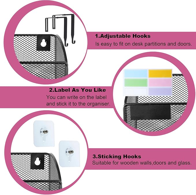 1 Pocket Mesh Wall File Holder Organizer Office Hanging File Folder Magazine Rack, Nametag Label Hooks Set Included (Black)
