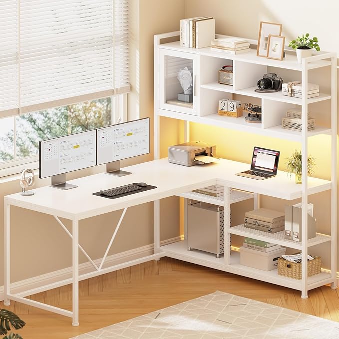 SEDETA L Shaped Computer Desk with Storage Shelves and Bookshelf, White | 58'' Reversible Office Desk with LED Light, Glass Door Cubby, L Shaped Corner Desk for Gaming, Two Monitors, Small Space