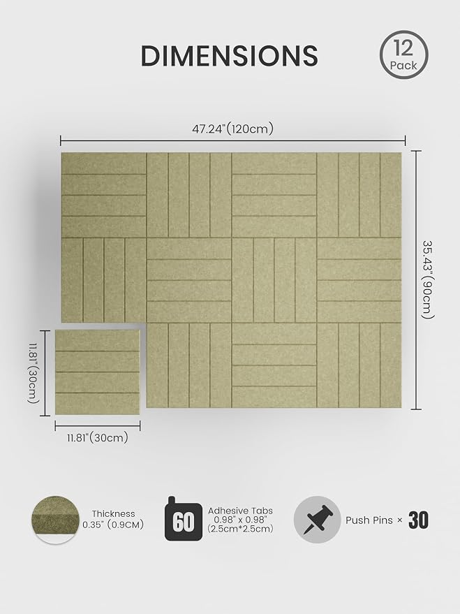 Bumusty 48" x 36" Large Cork Board Alternative, Olive Green | 12-Pack Felt Bulletin Board Tiles, 60 Adhesive Tabs, 30 Pushpins, Home, Office, Classroom, Vision Board