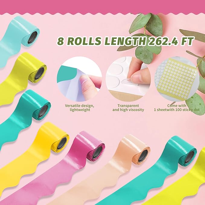 8 Rolls 262.4 Ft Bright Bulletin Board Borders Set - Decorations for Office, School Classroom Decor, Teachers & Home DIY - Posters & Birthday Parties - Board Trim （Groovy Color）