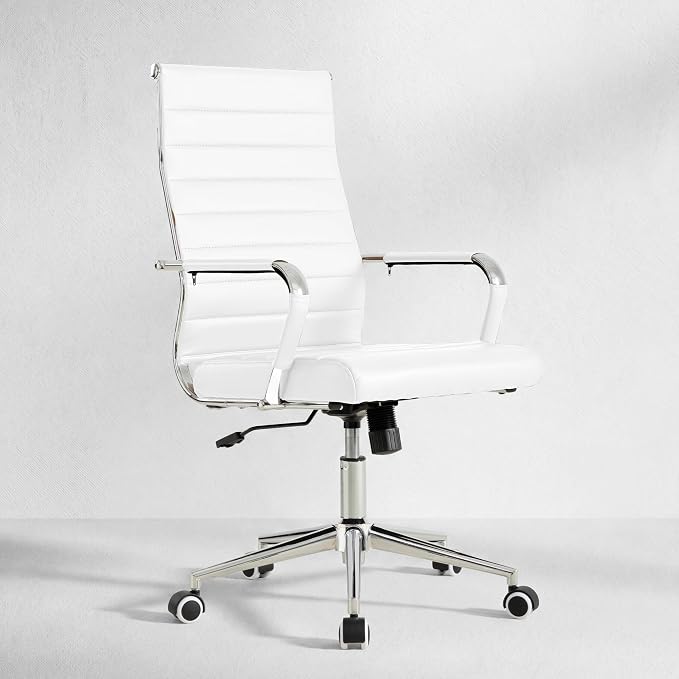 Okeysen Office Desk Chair, Ergonomic Leather Modern Conference Room Chairs, Executive Ribbed Height Adjustable Swivel Rolling Chair for Home Office Set of 2. (White)