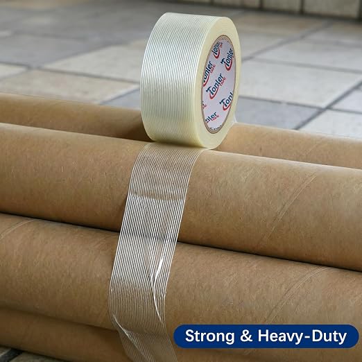 Filament Strapping Tape 2" x 60Yd 2 Rolls Fiberglass Reinforced | Heavy duty fiberglass reinforced strapping tape for shipping, pallet securing and industrial bundling