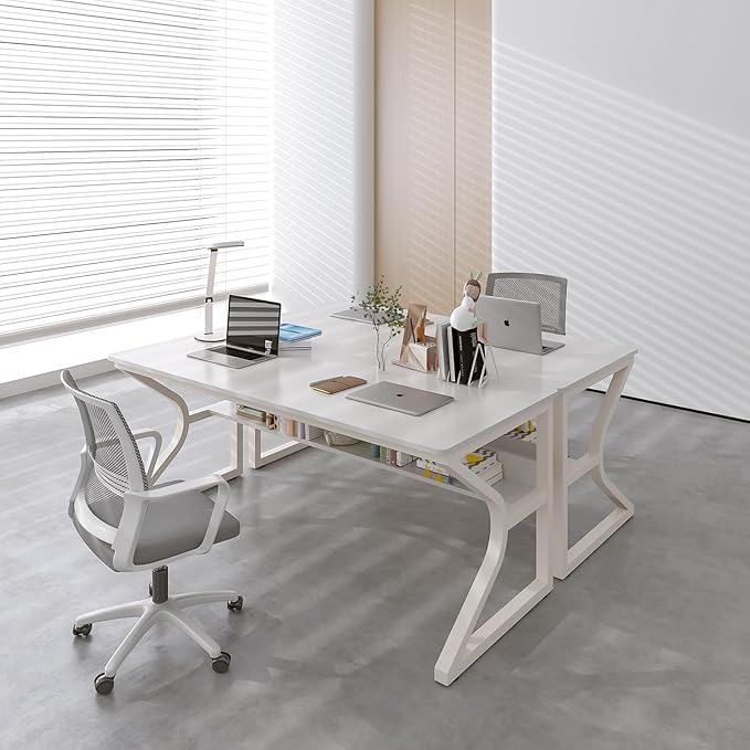 Extra Long Desk with Bookshelf - 55" Double Long Writing Table for 2-Person Workstation, Modern Study Work Computer Desk for Home and Office, Warm White