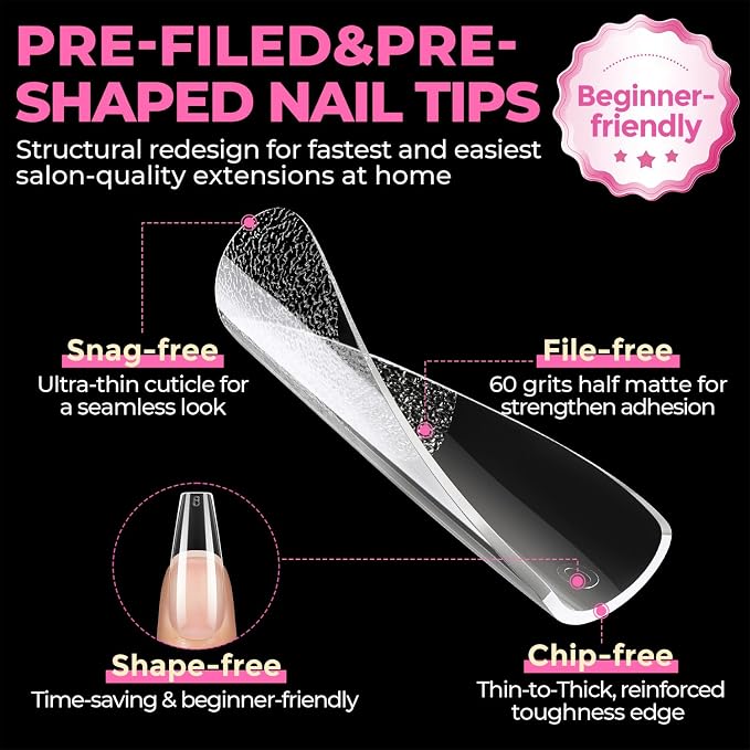 UNA GELLA Long Coffin Nail Tips 504pcs Pre-Shape Half Matte Fake Nails | Full Cover Clear Gel Nail Tips Long Coffin Press On Nails Home DIY Extension 12 Sizes