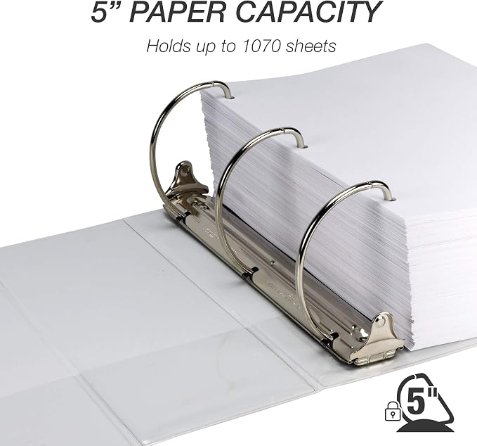Samsill Durable 5 Inch 3 Ring Binder, D Ring Binder, Customizable Clear View, White, Holds 1070 Pages