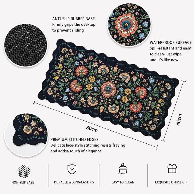 Floral Scalloped Mouse Pad Teal Peach Botanical Blue Wildflowers XL Mouse Pad Large Mousepad Extended Laptop Keyboard Mat Gaming Desk Pad Office Computer Keyboard Laptop Home 31.5"x15.7"