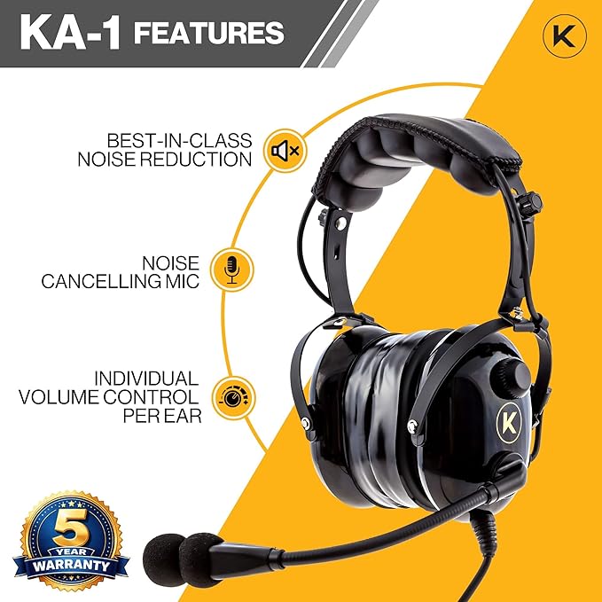 KA-1 General Aviation Headset for Pilots - Mono and Stereo Compatibility, Passive Noise Reduction, Noise Canceling Microphone, Gel Ear Seals, Adjustable Headband & Headset Bag