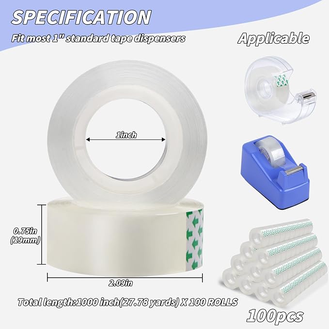 Oleitodh 100 Rolls Transparent Tape Bulk Refills, Clear Tape Dispenser Refill, Invisible Desk Tape Glossy Gift Wrap Tapes for Dispenser, Office, School, Home, 3/4 x 1000 Inches