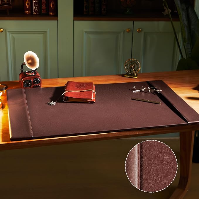 30 x 18 Inch Leather Desk Pad with Side Rails Mat, Brown | Executive Office Desk Mat, Smooth Writing Surface, Desktop Protector Covers Mouse Keyboard, Elegant Gift, Men Dad Husband
